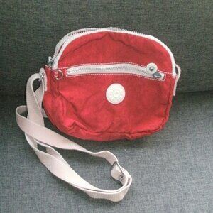 KIPLING Crossbody Bag Purse Red with Pink Strap & Lining Multi Pocket 7.5x8"